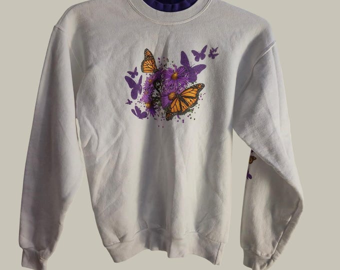 Vtg 90 Hanes Double Collar Butterfly Sweatshirt Adult S White Floral Grandmacore