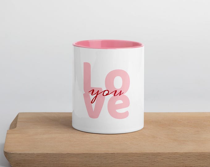 Love You Pink Ceramic Mug 11oz – Cute Gift Coffee Cup with Pink Handle