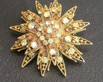 Vintage Starburst Pin Multi Layered AB Rhinestone Sparkles Glamour