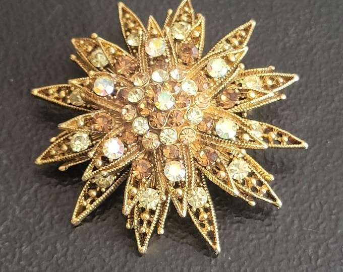 Vintage Starburst Pin Multi Layered AB Rhinestone Sparkles Glamour