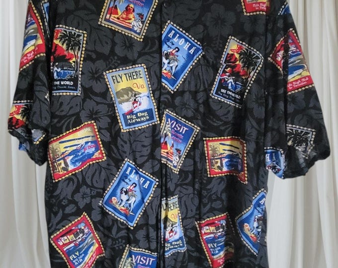 Unique Big Dogs Mens Shirt Size XL Hawaiian Postage Stamps Theme Boho Y2K