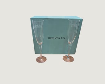 Tiffany & Co Champagne Flutes Set of 2 Clear 2000 Magic Style Etched Crystal Box