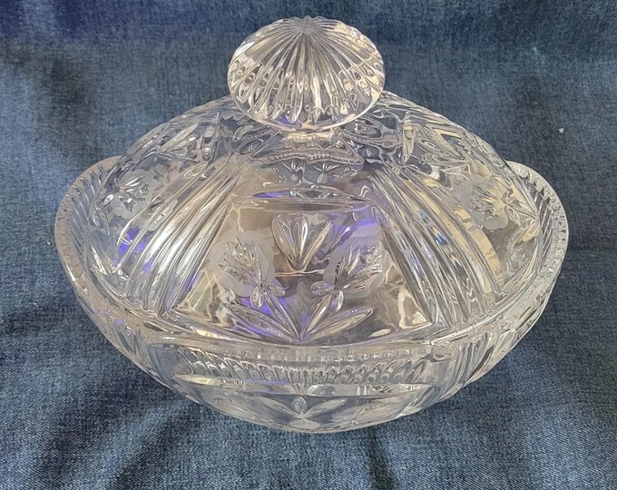 Vintage Dartington Crystal Oval Dish with Lid: Thistle Cut Glass (8.5 in)
