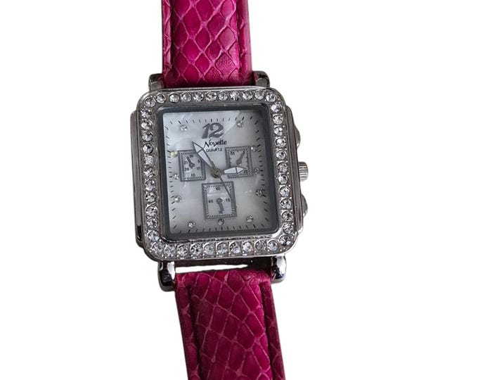 Vintage Womens Watch Art Deco Style  - Silver-Toned Rhinestone Face & Red Leather Band - Accutime 35MM