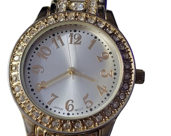 Swifty Style Women Japan Watch Bling Bling Gold Tone Crystal Link Bracelet Band