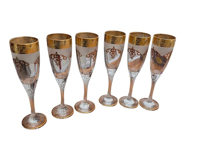 Cristal Sas ORO Satinato Champagne Flutes Set 6 Gold Encrusted Italian Crystal