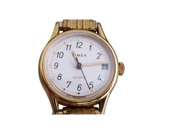 Timex Womens White Dial Gold Trim New Battery Metal Band Date Classic Cocktail