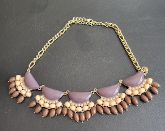 Vintage y2k Brown Pink Bib Necklace Rhinestone Gold Whimsy Boho Chic Cottage