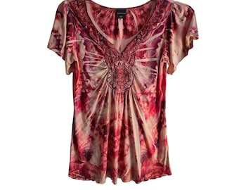 Covington Top Women MP Pink Red Tie Dye Boho Hippy 70s Y2K Style Sparkle V-Neck