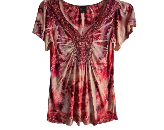 Covington Top Women MP Pink Red Tie Dye Boho Hippy 70s Y2K Style Sparkle V-Neck