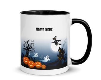Halloween Customized Mug 11 oz, Black or Handle & Inside, Spooky Coffee Cup, Personalized Fall Gift for Witch Lovers