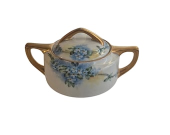 Rare Antique Buffalo China 1918 Sugar Bowl Hand Painted Forget Me Not Gold Trim
