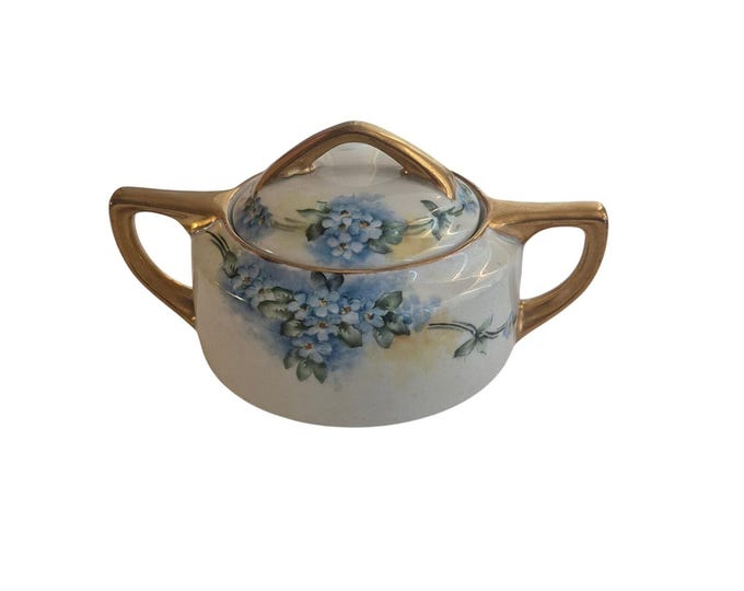 Rare Antique Buffalo China 1918 Sugar Bowl Hand Painted Forget Me Not Gold Trim
