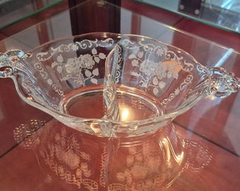 Fostoria Midnight Rose Divided Relish Dish Vintage 1930s Etched Depression Glass Collectible Serving Tray