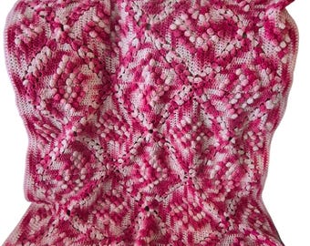 Crochet Granny Square Bobble Blanket Afghan White Two Pink Colors 47 x 33 Heavy
