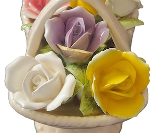 Vintage Ceramic Flower Basket, Signed Japan, Wicker-Look Design