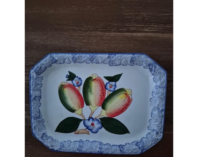Unbranded Serving Tray Unisex 9x6 White Blue Floral Fruit Folk Art Platter
