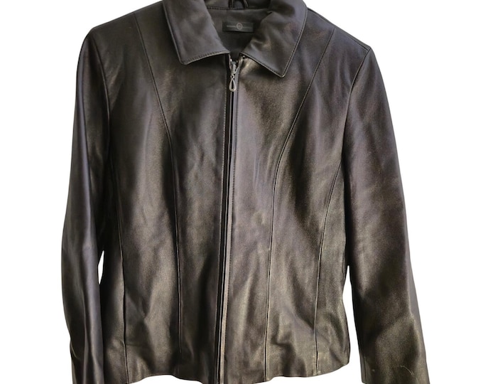 Vintage Wilsons Leather Jacket Zip Up Black M Leopard Print Lining Y2K McBling