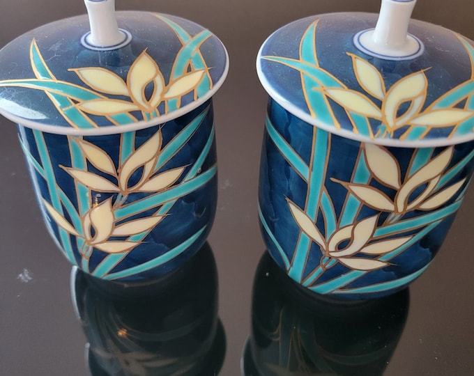 Vintage Asian Art Cups with Lids Flowers Leaves Edged in Gold Tone Hand Painted