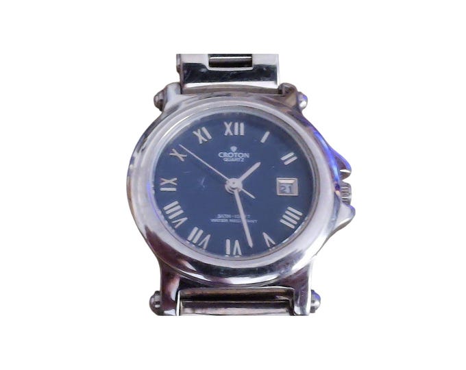 Croton Watch Women 6.25 Silver Blue Dial Date Roman Numeral Stainless Steel New