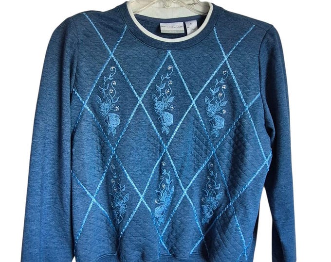 Alfred Dunner Petite Size PL Blue Floral Embroidery Quilted Diamond Patterns