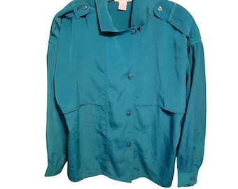 Vintage Claudia Barnes Teal Blue Long Sleeve Blouse - Women's Size 14 80s Boho