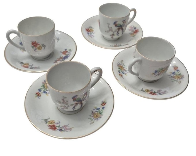 Carl Tielsch Altwasser Peasant Demitasse Cup Saucer White Gold Trim Wedding Set4