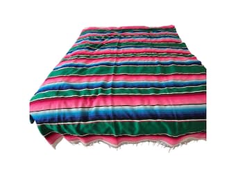 Vintage Mexican Serape Throw: Bright Multi-Color Stripes, 80x63