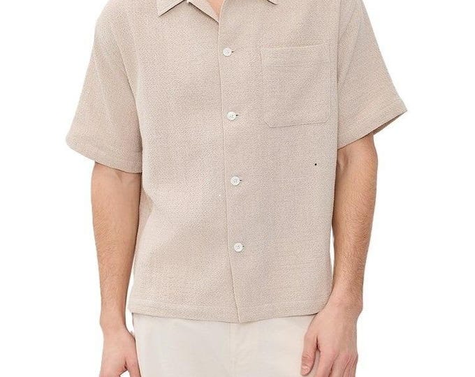 FRAME Botton Shirt Mens Large Beige Premium Italian Fabric Textured Luxury New