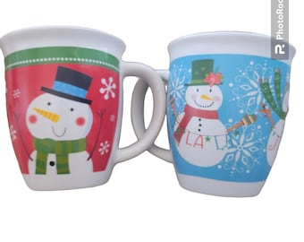 Snowman Christmas Coffee Cups – Royal Norfolk - Set of 2 Red & Blue Holiday Mugs