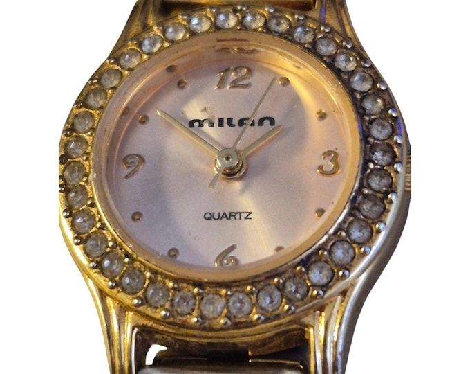 Milan Quartz Watch Women OS Gold Rhinestone Bezel MLN1097 VTG Dressy Sparkle