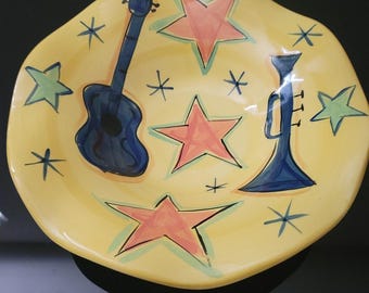 Gail Pittman Pottery Large Yellow Bowl Scallop Edge Rhythm & Blues Signed Dated 04