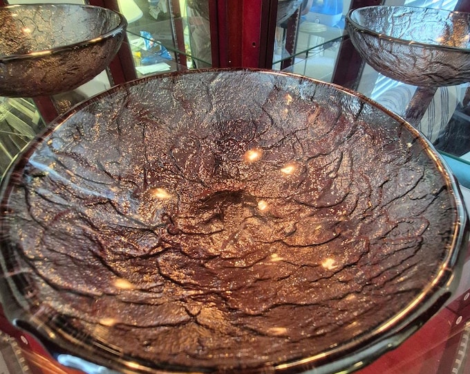Vintage JSG Oceana Iridescent Art Glass Bowl 10.5" Champagne Crackled Centerpiece Home Decor