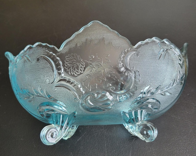 Vintage Jeanette Lombardi Ice Blue Glass Footed Fruit Bowl Oval Press Glass MCM
