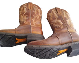 Ariat Mens Leather Boots Brown 9D ATS, Slip, Oil Resistant, Pull-On, Round Toe