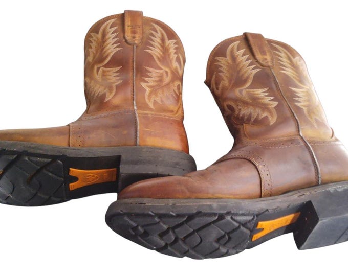 Ariat Mens Leather Boots Brown 9D ATS, Slip, Oil Resistant, Pull-On, Round Toe