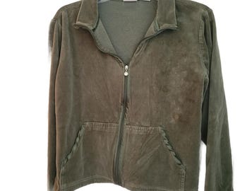 Vtg Erika Zip Up Jacket Womens Medium Olive Green Velour Rhinestone Pull Y2k