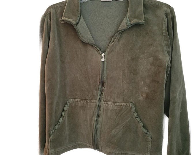 Vtg Erika Zip Up Jacket Womens Medium Olive Green Velour Rhinestone Pull Y2k