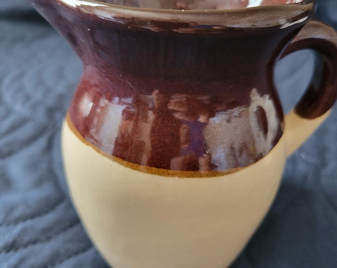 Antique Milk Pitcher Hold Utensils RRPCO, Robinson Ransbottom Pottery Roseville Vintage  Brown White 1920