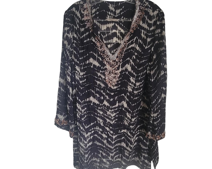 Women's Top Size M Black/White Soft Surroundings Sequins Gold Beads Whimsy Goth
