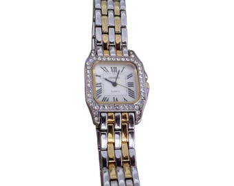 Vintage Geneva Womens Tank Watch Two Tone Silver Gold Crystal Bezel Art Deco