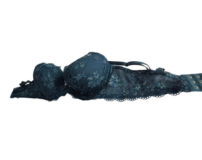 Victoria Secret Bra Size 38D UpLift Green Gold Trim Padded Lace Full Coverage