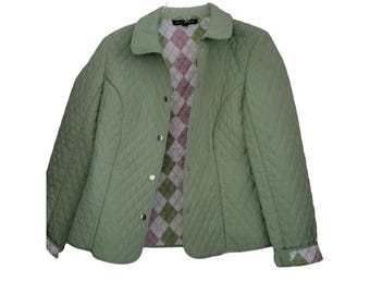 Vintage Briggs New York  Diamond Quilt Collar jacket Green Pattern Lining Y2K