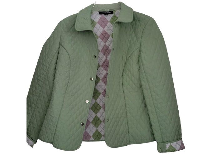 Vintage Briggs New York  Diamond Quilt Collar jacket Green Pattern Lining Y2K