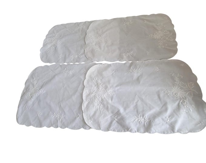 Vintage White Linen Doilies, Vanity Cloth, Dressers Scarf Embroidery Set of 4