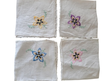 Vintage MCM Hand Embroidery Cocktail or Dinner Napkins 4 Different Designs 10 in