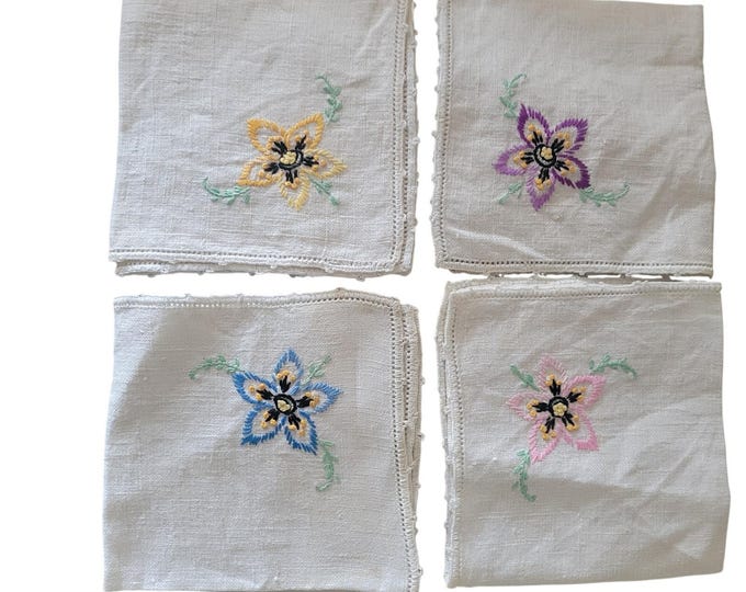 Vintage MCM Hand Embroidery Cocktail or Dinner Napkins 4 Different Designs 10 in