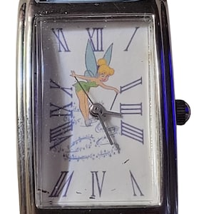 DISNEY Children&#39;s Watch Tinker Bell Rectangle Face Blue Band New Battery Works
