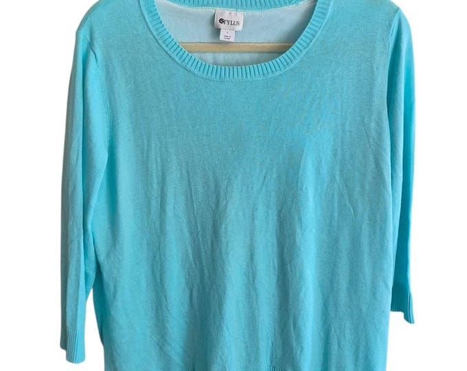 Unique Women Sweater Size L Stylus Aruba Blue Multi layered Look White New Y2K