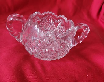 Antique American Brilliant Period Cut Glass Sugar Bowl Two Handles Sawtooth Mint